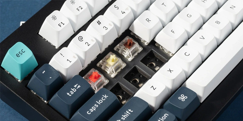 Close up view of mechanical keyboard switches showing durable keys for fast typing experience